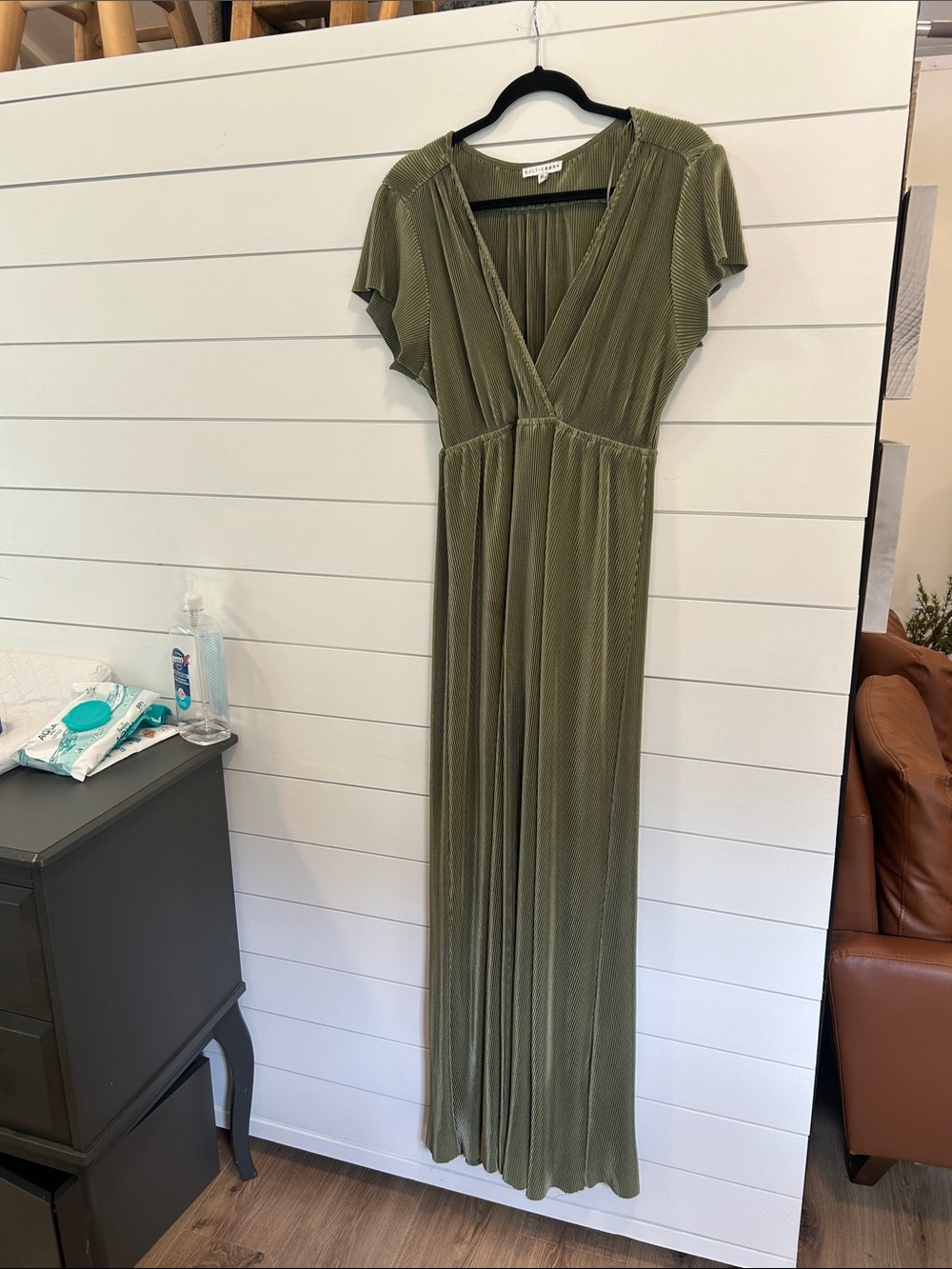 Baltic Born Olive Pleated V‑Neck Maxi Dress